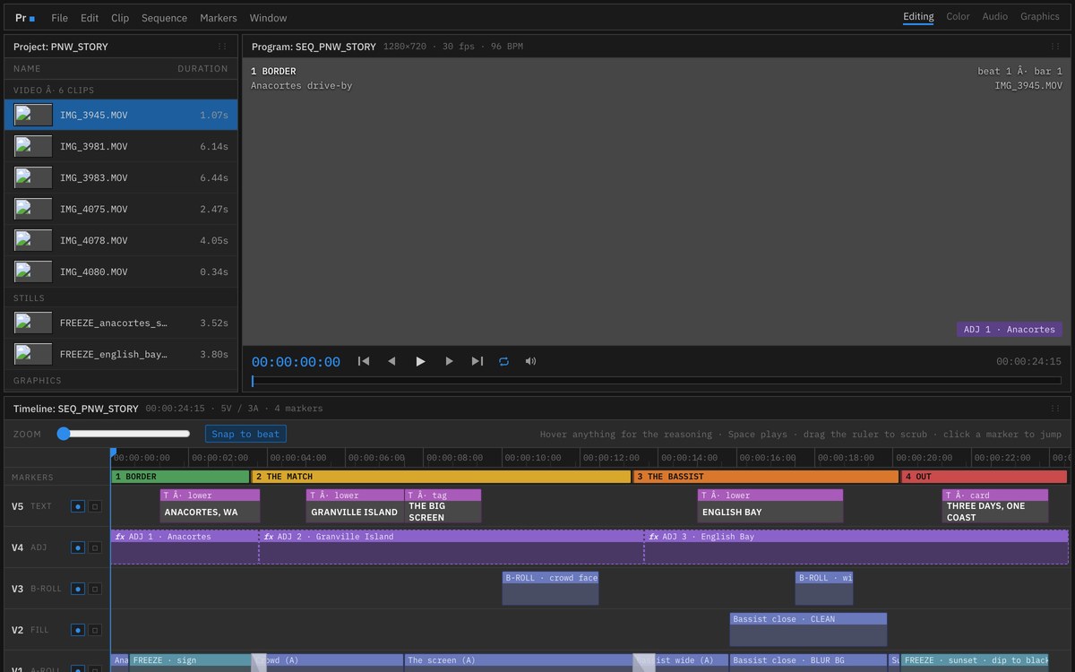 Video B-Roll Organizer: an empty editing timeline showing tracks, markers and a toolbar